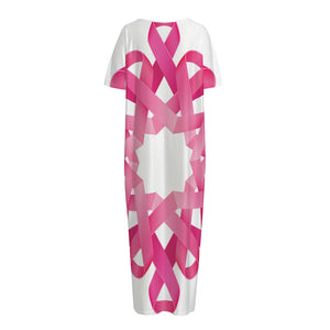 Pink Breast Cancer Ribbon Flower Print Short Sleeve Long Nightdress