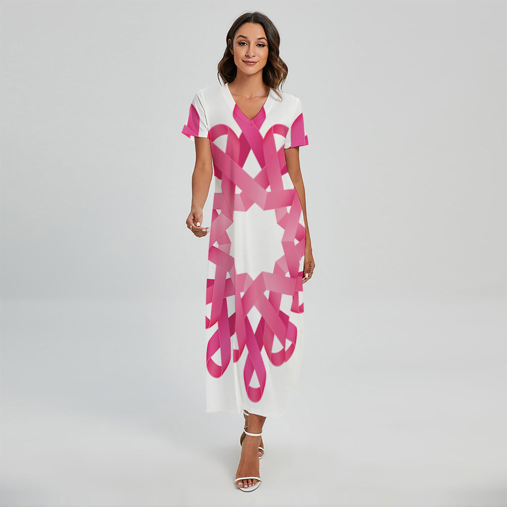 Pink Breast Cancer Ribbon Flower Print Short Sleeve Maxi Dress