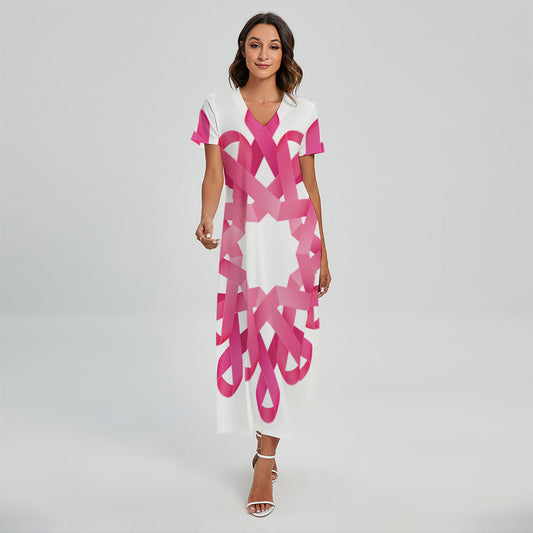 Pink Breast Cancer Ribbon Flower Print Short Sleeve Maxi Dress