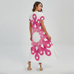 Pink Breast Cancer Ribbon Flower Print Short Sleeve Maxi Dress