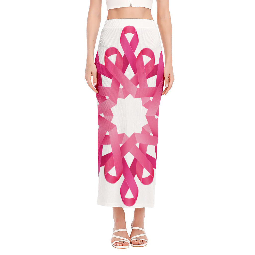 Pink Breast Cancer Ribbon Flower Print Side Slit Maxi Skirt