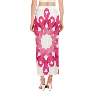 Pink Breast Cancer Ribbon Flower Print Side Slit Maxi Skirt