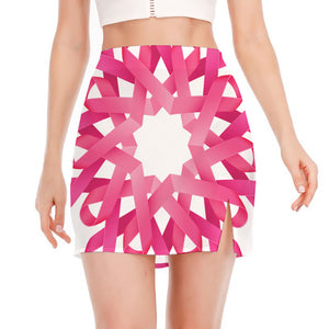 Pink Breast Cancer Ribbon Flower Print Side Slit Mini Skirt