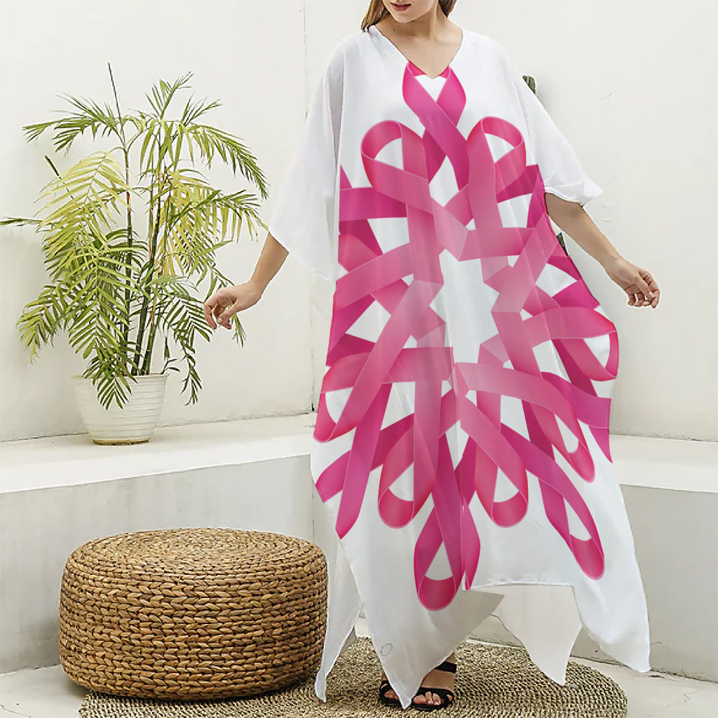 Pink Breast Cancer Ribbon Flower Print Silk V-Neck Kaftan Dress