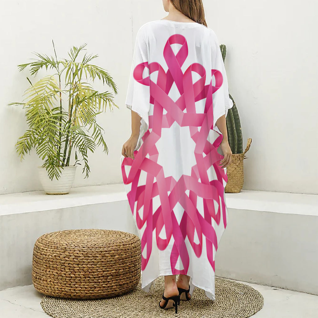 Pink Breast Cancer Ribbon Flower Print Silk V-Neck Kaftan Dress