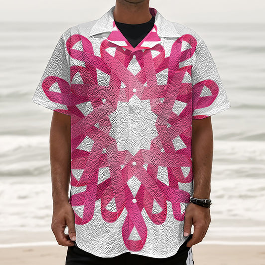 Pink Breast Cancer Ribbon Flower Print Textured Short Sleeve Shirt