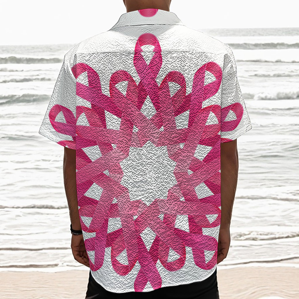 Pink Breast Cancer Ribbon Flower Print Textured Short Sleeve Shirt