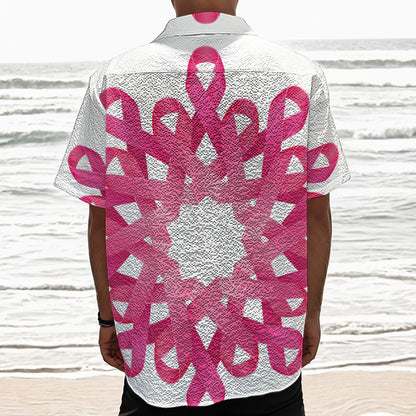 Pink Breast Cancer Ribbon Flower Print Textured Short Sleeve Shirt