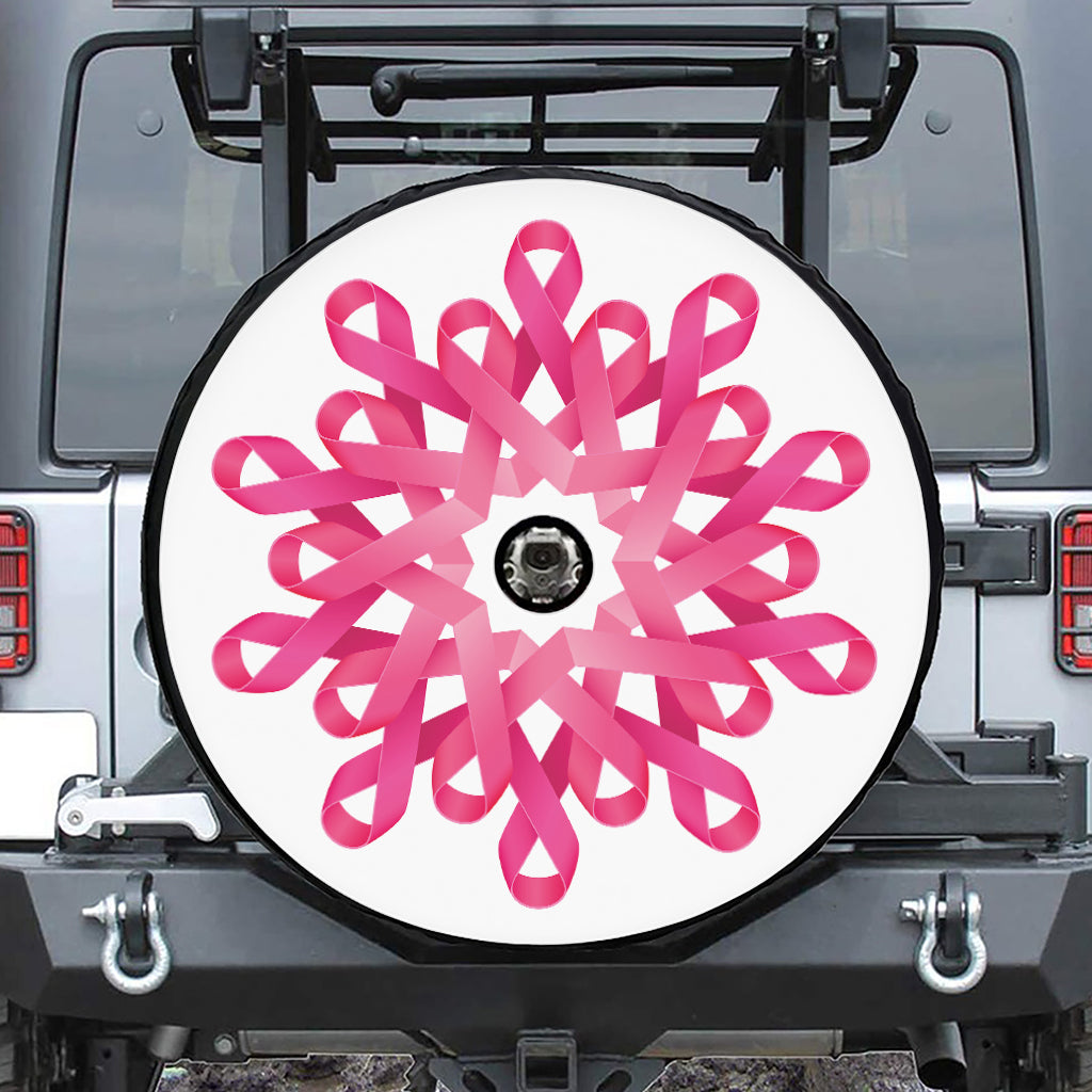 Pink Breast Cancer Ribbon Flower Print Tire Cover With Camera Hole