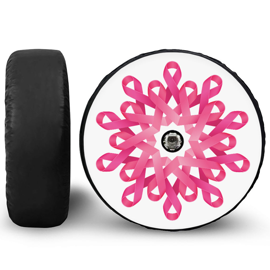 Pink Breast Cancer Ribbon Flower Print Tire Cover With Camera Hole