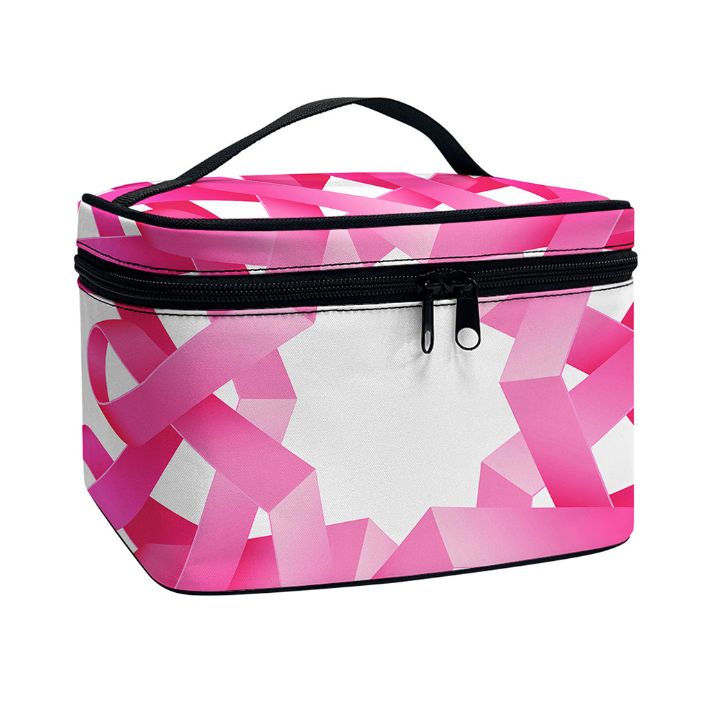 Pink Breast Cancer Ribbon Flower Print Travel Makeup Bag