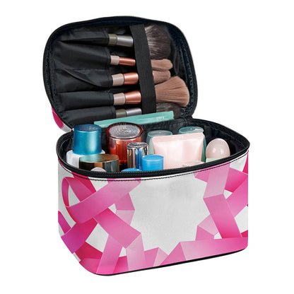 Pink Breast Cancer Ribbon Flower Print Travel Makeup Bag