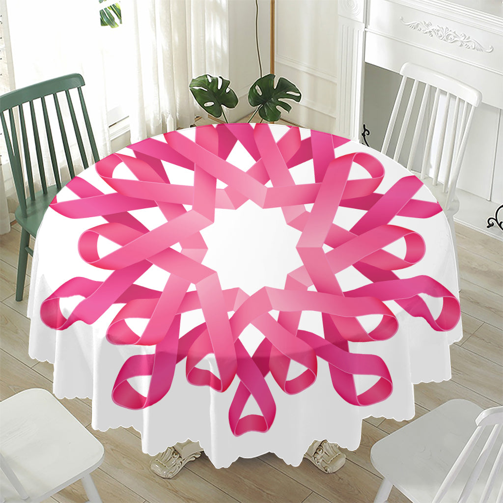Pink Breast Cancer Ribbon Flower Print Waterproof Round Tablecloth