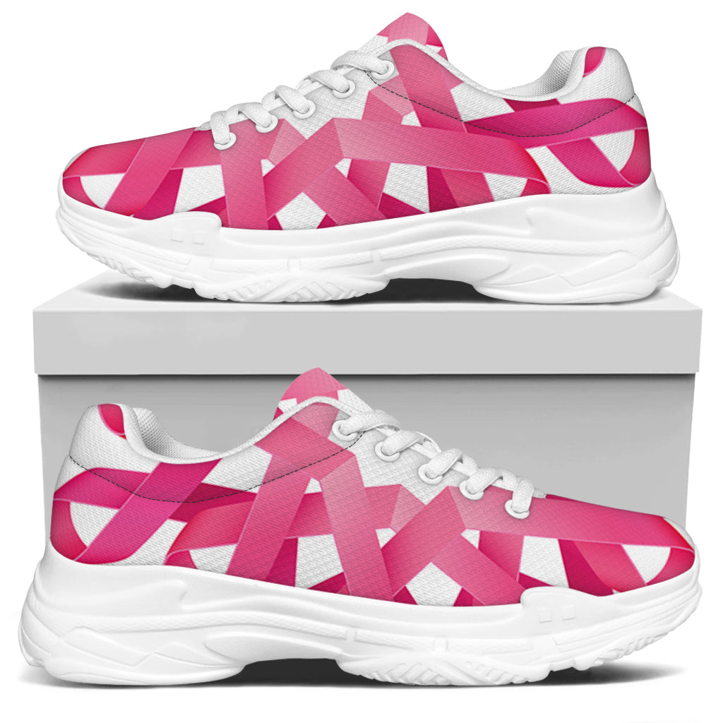 Pink Breast Cancer Ribbon Flower Print White Chunky Shoes