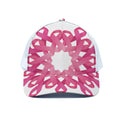 Pink Breast Cancer Ribbon Flower Print White Mesh Trucker Hat
