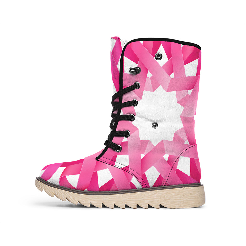 Pink Breast Cancer Ribbon Flower Print Winter Boots
