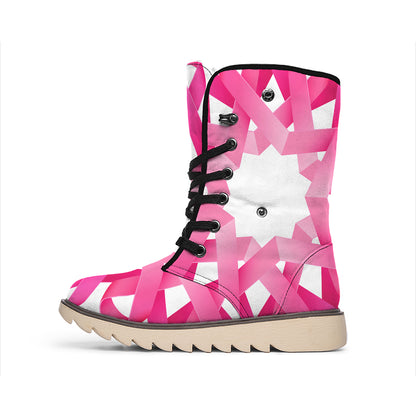 Pink Breast Cancer Ribbon Flower Print Winter Boots