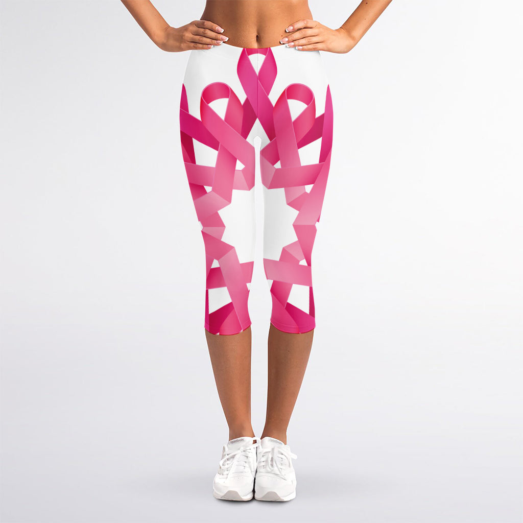 Pink Breast Cancer Ribbon Flower Print Women's Capri Leggings