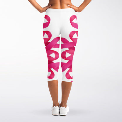 Pink Breast Cancer Ribbon Flower Print Women's Capri Leggings