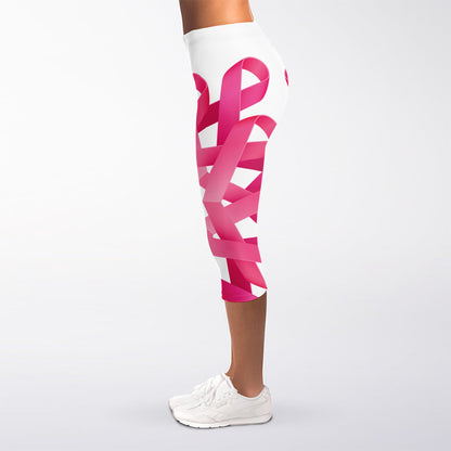 Pink Breast Cancer Ribbon Flower Print Women's Capri Leggings