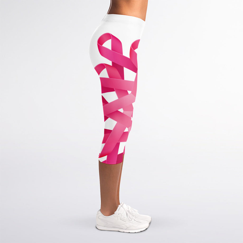 Pink Breast Cancer Ribbon Flower Print Women's Capri Leggings