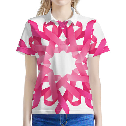 Pink Breast Cancer Ribbon Flower Print Women's Polo Shirt