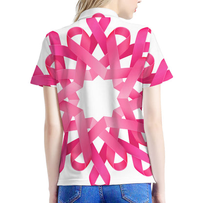 Pink Breast Cancer Ribbon Flower Print Women's Polo Shirt