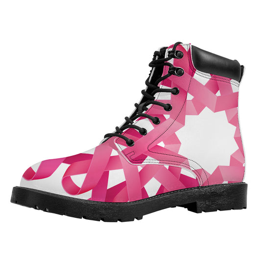 Pink Breast Cancer Ribbon Flower Print Work Boots