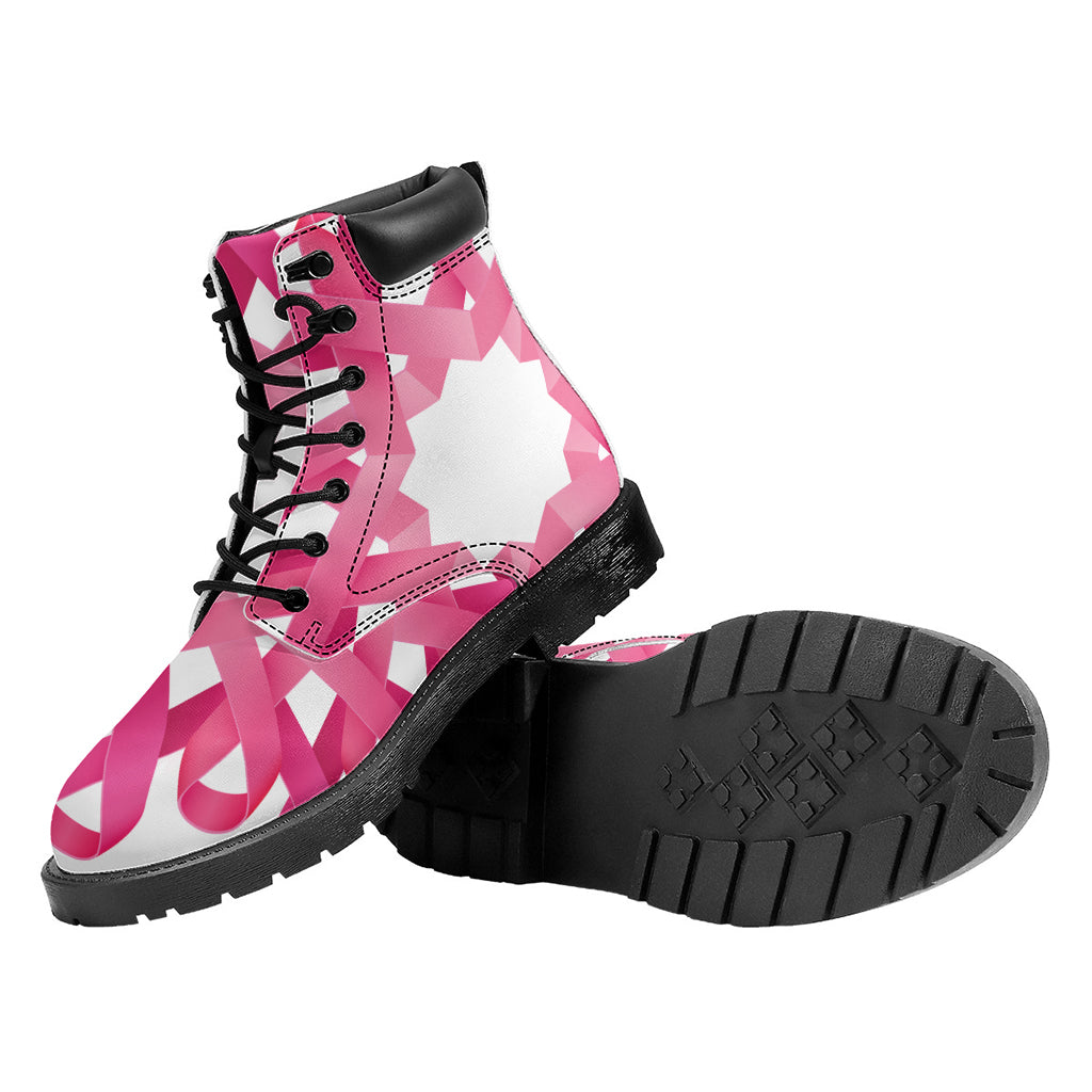 Pink Breast Cancer Ribbon Flower Print Work Boots
