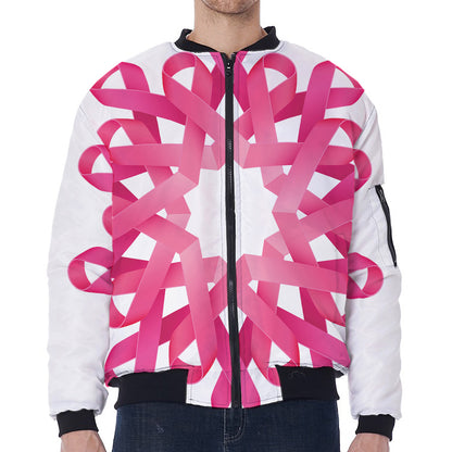 Pink Breast Cancer Ribbon Flower Print Zip Sleeve Bomber Jacket