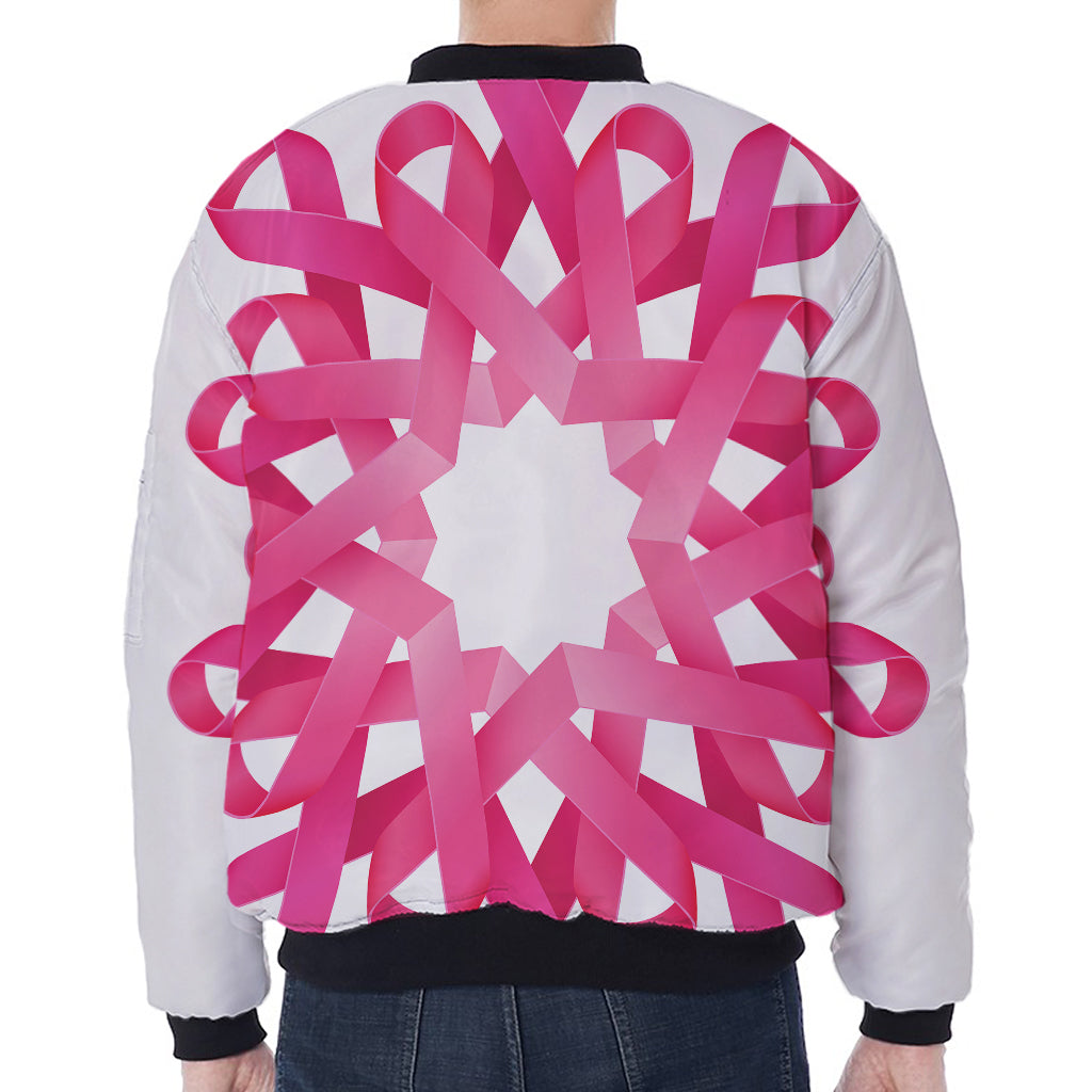 Pink Breast Cancer Ribbon Flower Print Zip Sleeve Bomber Jacket