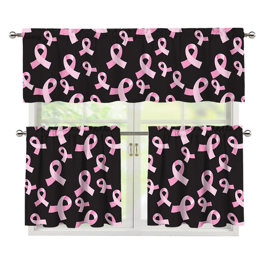 Pink Breast Cancer Ribbon Pattern Print 3 Piece Kitchen Curtains