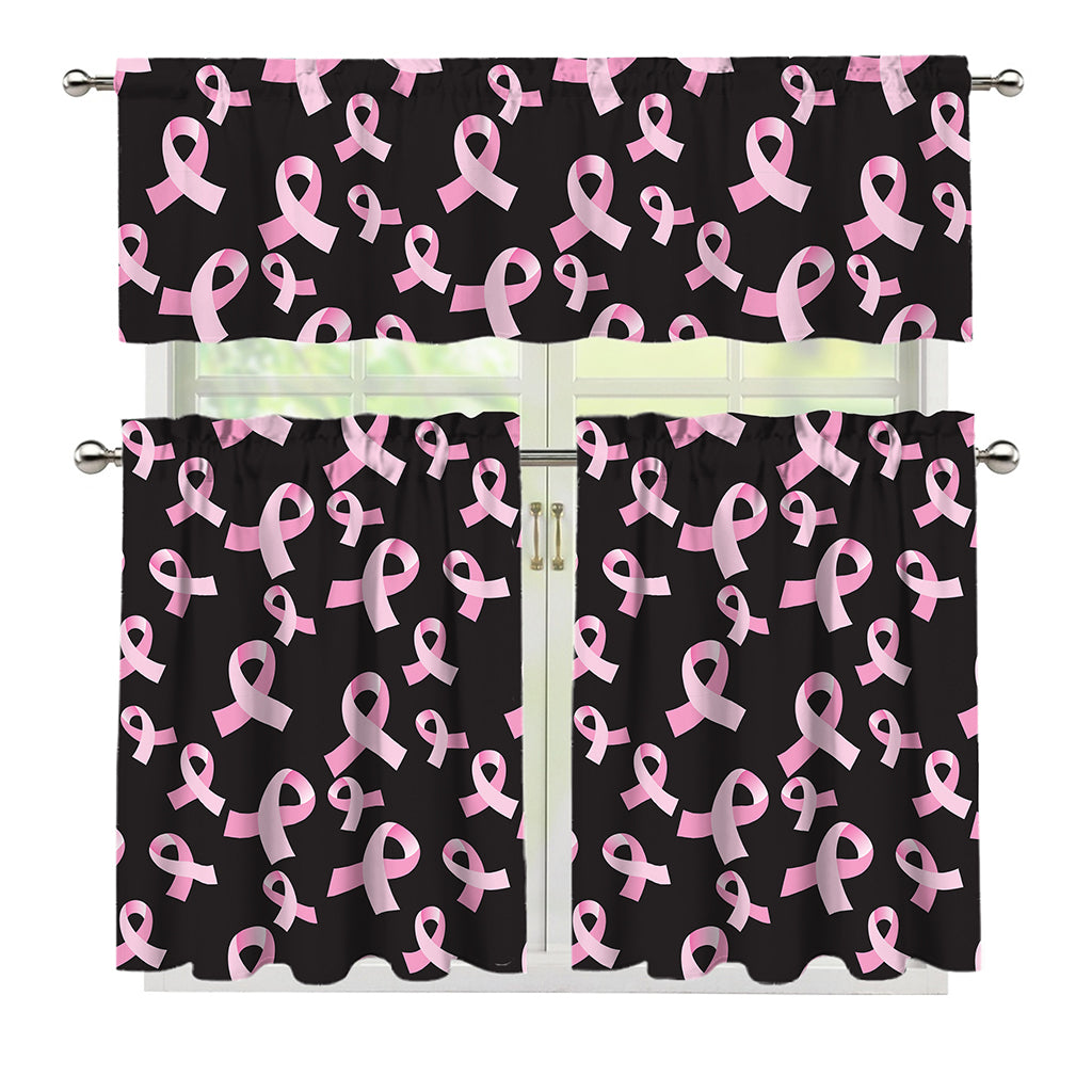 Pink Breast Cancer Ribbon Pattern Print 3 Piece Kitchen Curtains
