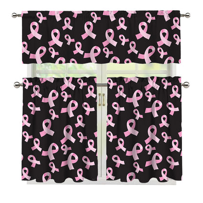 Pink Breast Cancer Ribbon Pattern Print 3 Piece Kitchen Curtains