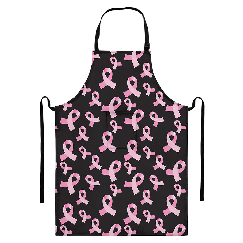 Pink Breast Cancer Ribbon Pattern Print Bib Apron With Pocket