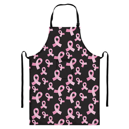 Pink Breast Cancer Ribbon Pattern Print Bib Apron With Pocket
