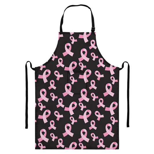 Pink Breast Cancer Ribbon Pattern Print Bib Apron With Pocket