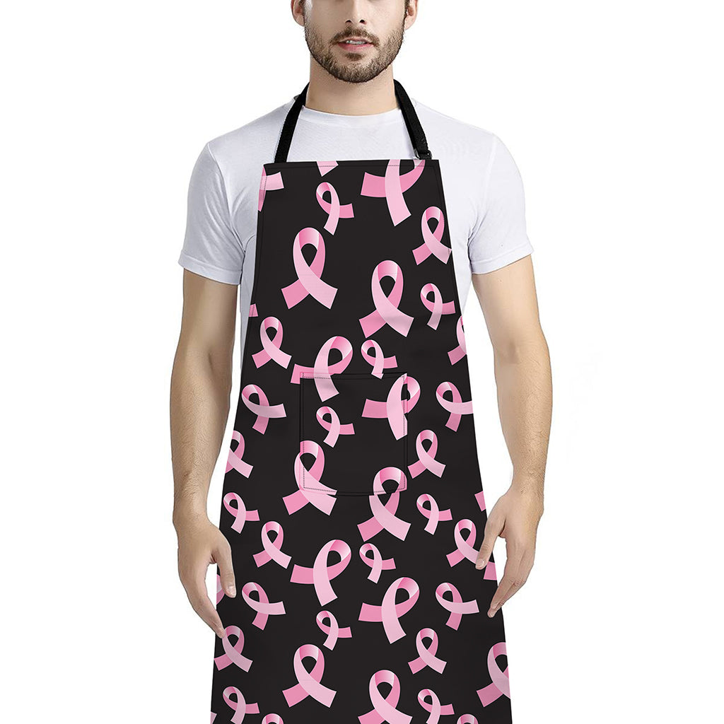 Pink Breast Cancer Ribbon Pattern Print Bib Apron With Pocket