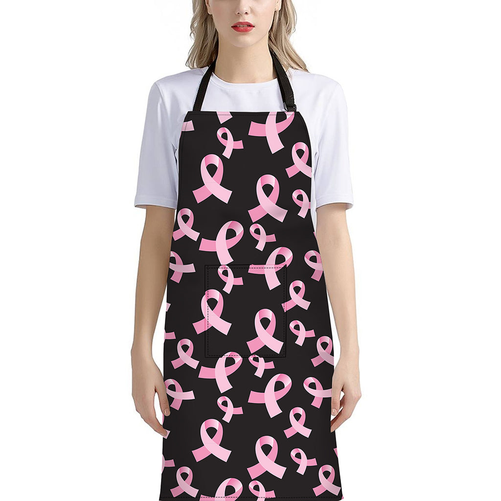 Pink Breast Cancer Ribbon Pattern Print Bib Apron With Pocket