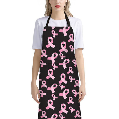 Pink Breast Cancer Ribbon Pattern Print Bib Apron With Pocket