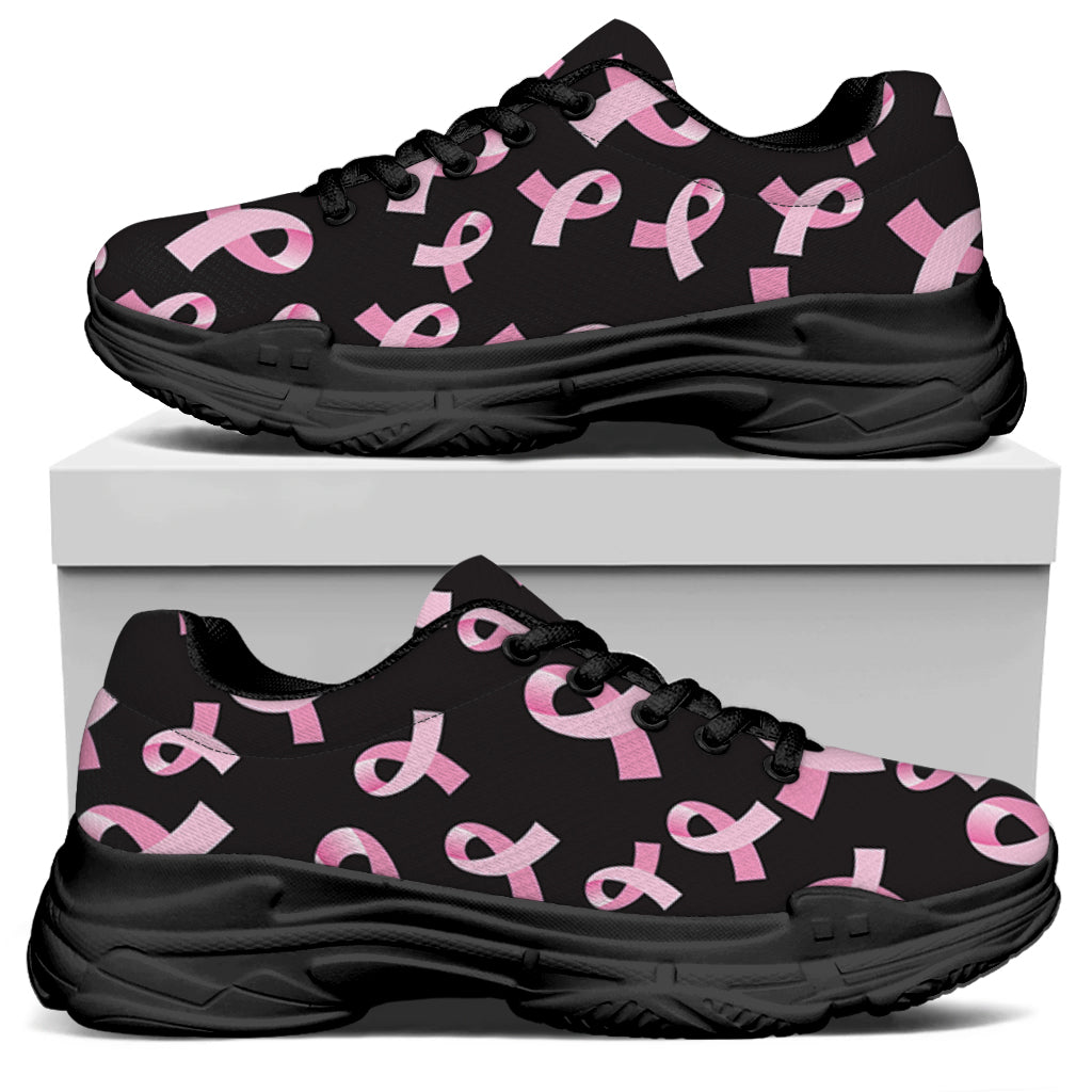 Pink Breast Cancer Ribbon Pattern Print Black Chunky Shoes