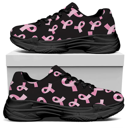 Pink Breast Cancer Ribbon Pattern Print Black Chunky Shoes
