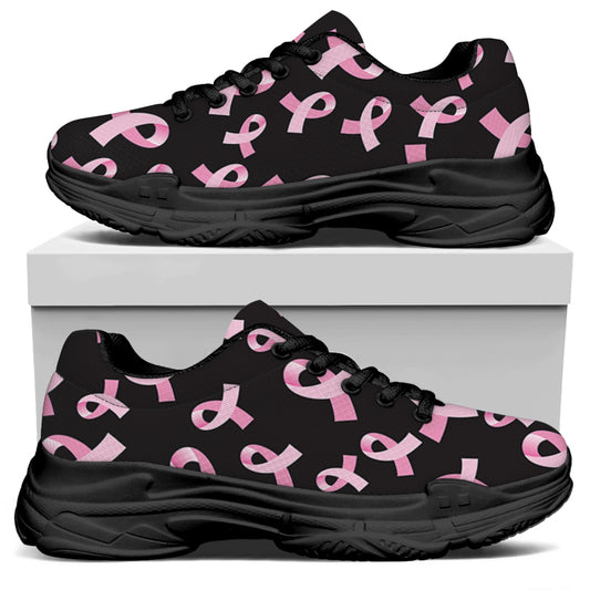 Pink Breast Cancer Ribbon Pattern Print Black Chunky Shoes