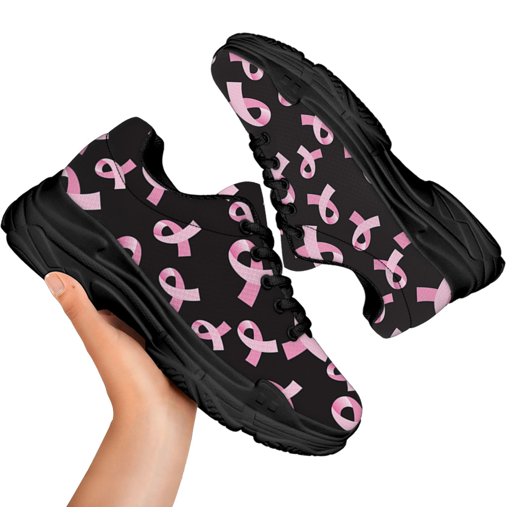 Pink Breast Cancer Ribbon Pattern Print Black Chunky Shoes