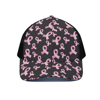 Pink Breast Cancer Ribbon Pattern Print Black Mesh Trucker Cap