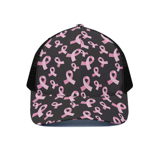 Pink Breast Cancer Ribbon Pattern Print Black Mesh Trucker Cap