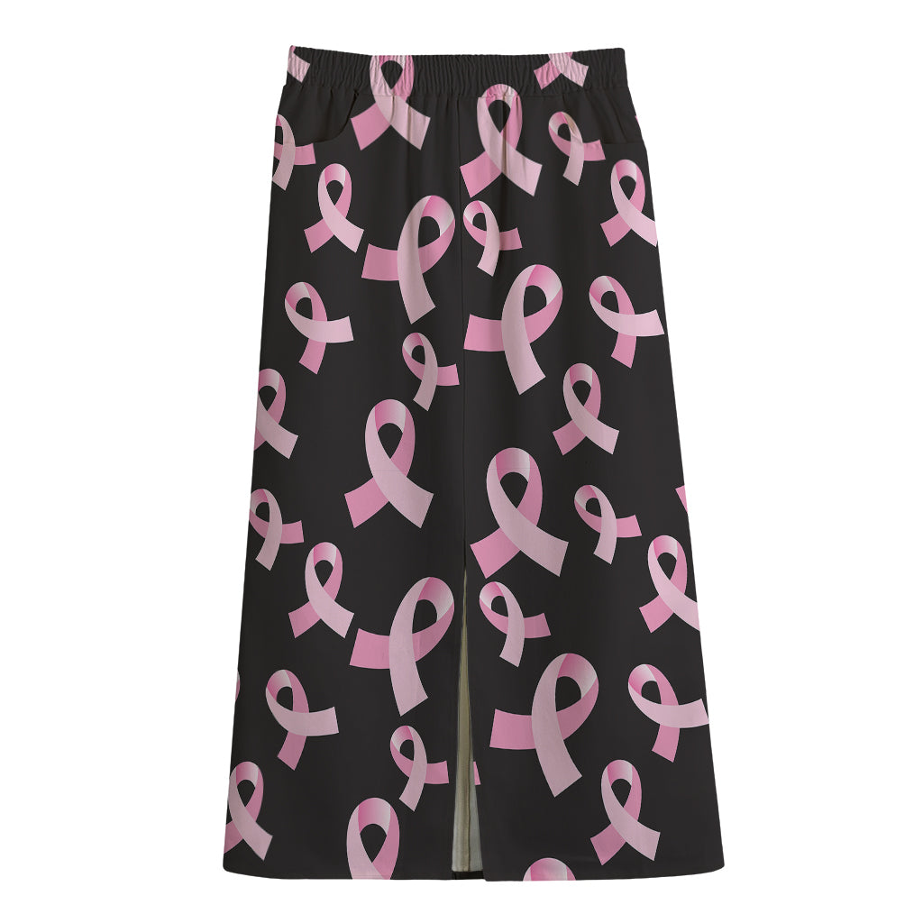 Pink Breast Cancer Ribbon Pattern Print Cotton Front Slit Maxi Skirt