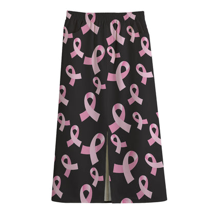 Pink Breast Cancer Ribbon Pattern Print Cotton Front Slit Maxi Skirt