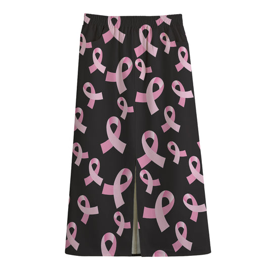 Pink Breast Cancer Ribbon Pattern Print Cotton Front Slit Maxi Skirt
