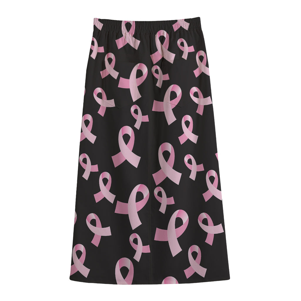 Pink Breast Cancer Ribbon Pattern Print Cotton Front Slit Maxi Skirt